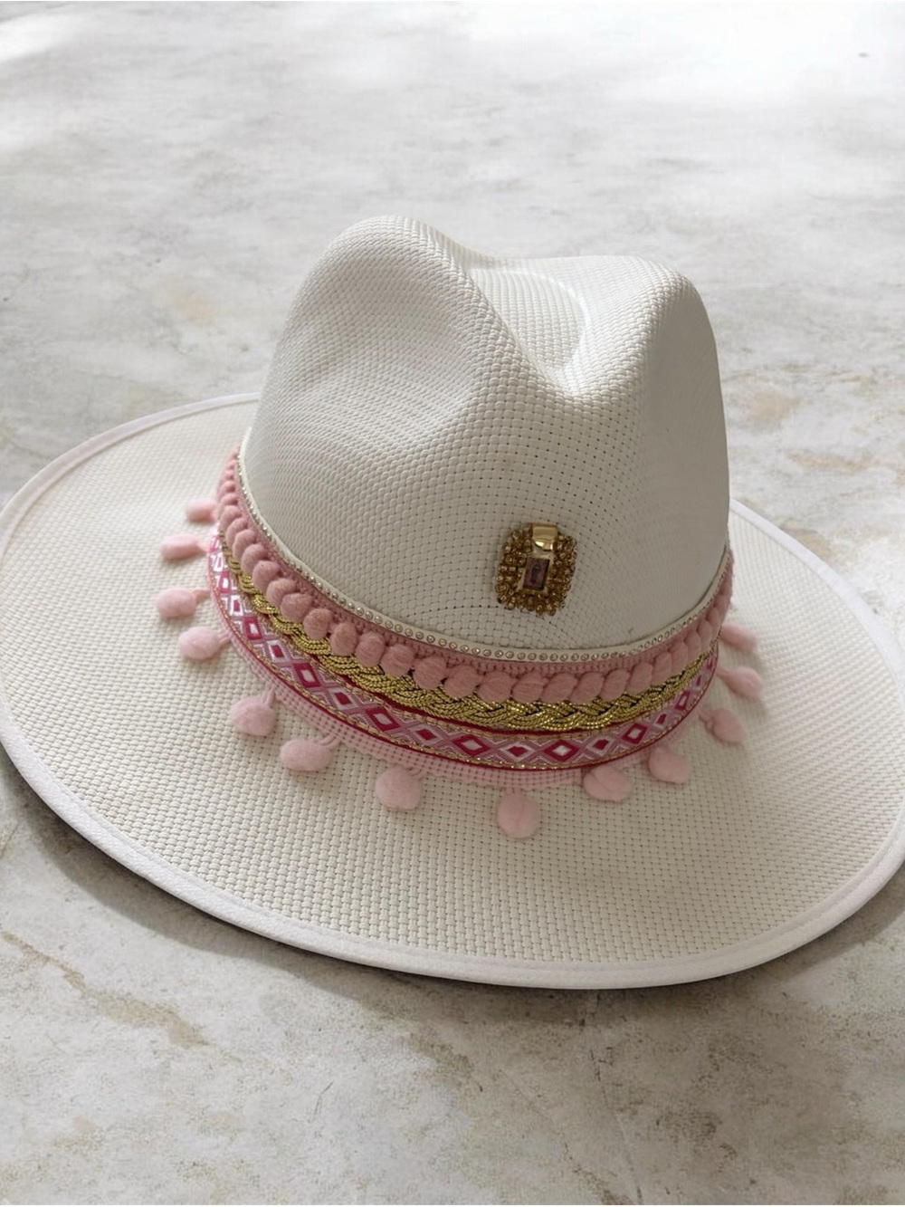 Women's Cream Straw Fedora Hat with Pink Pom Trim